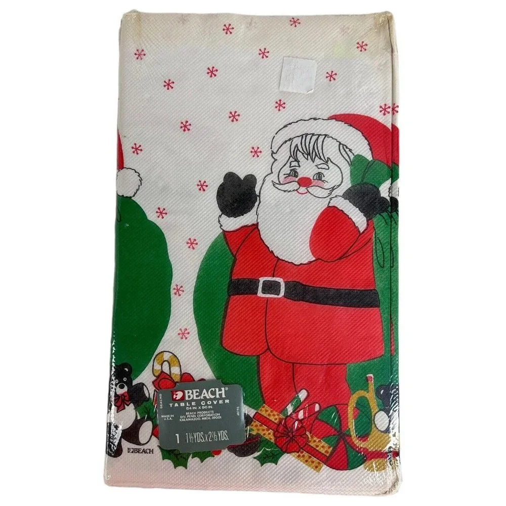 Vintage Christmas Table Cover Beach Santa Claus Toy Tablecloth Paper New 54”x96”